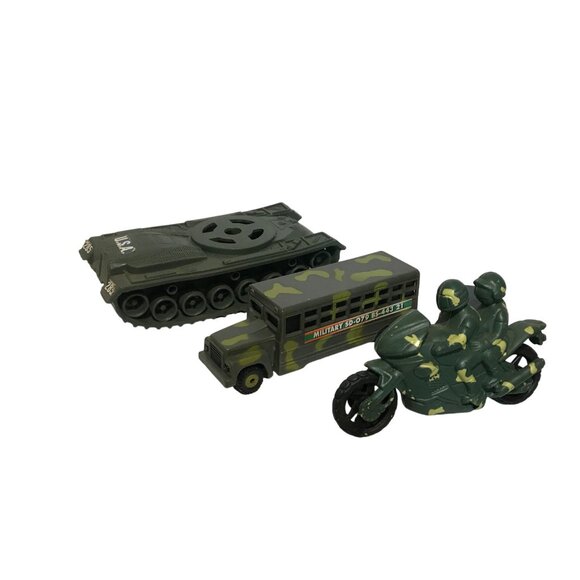 Vintage USA Military Toy Vehicles Set Of 3 Tank Motorcycle & Bus - Picture 1 of 16